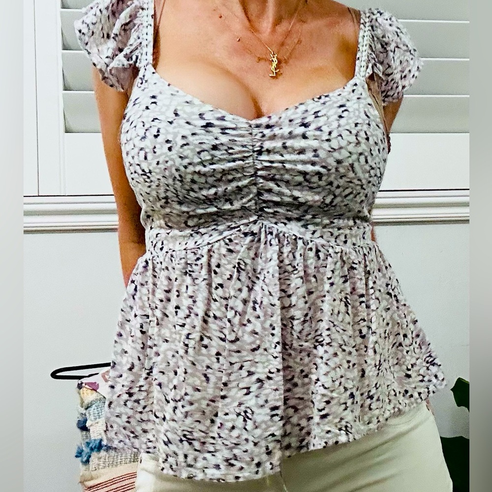 Ruched Ruffled Top, white, navy blue, lavender, XS
